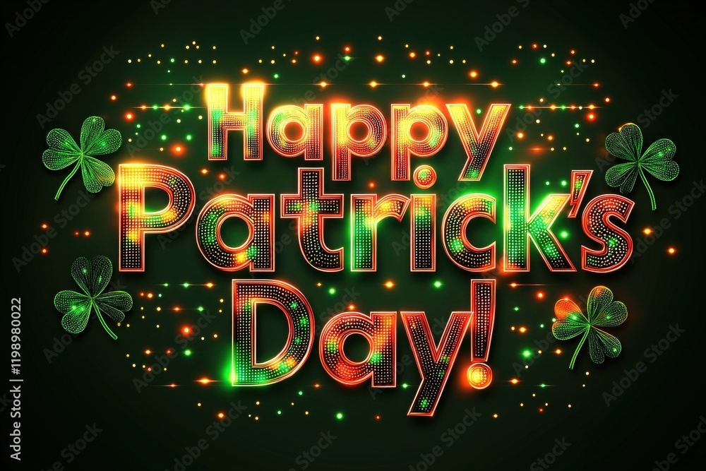 Vibrant colors and shimmering lights create a joyful atmosphere for St. Patricks Day. Shamrocks and sparkling text highlight the celebratory spirit of this holiday.