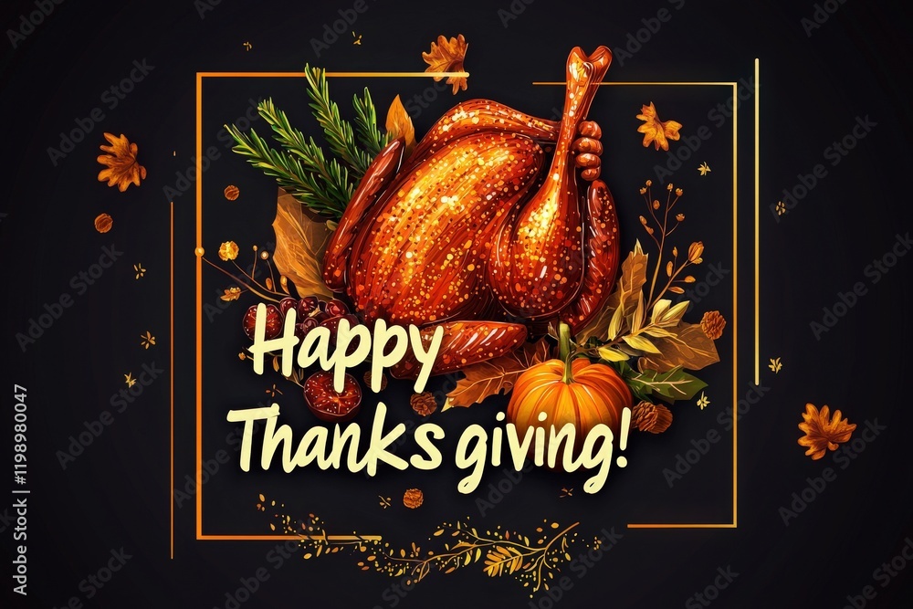 A beautifully arranged display features a roasted turkey surrounded by seasonal leaves and autumn fruits, celebrating the spirit of Thanksgiving with vibrant colors and textures.