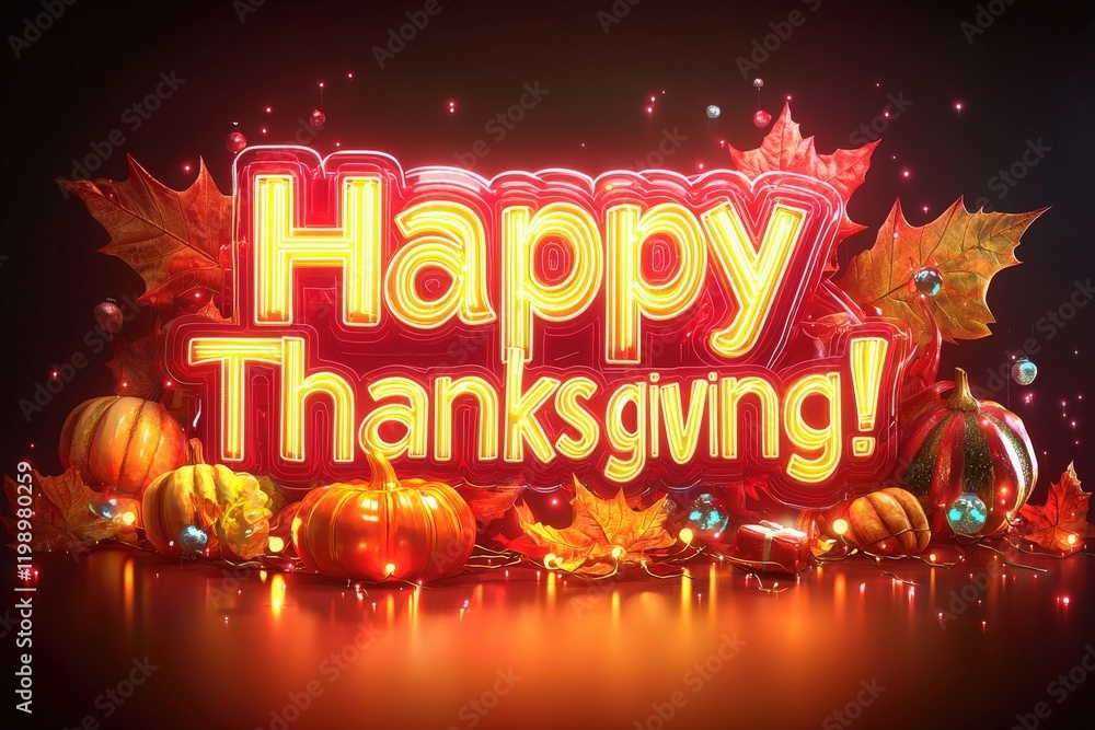 The vibrant display features the words Happy Thanksgiving illuminated in bright colors, surrounded by colorful pumpkins, autumn leaves, and decorative lights, celebrating the holiday spirit.