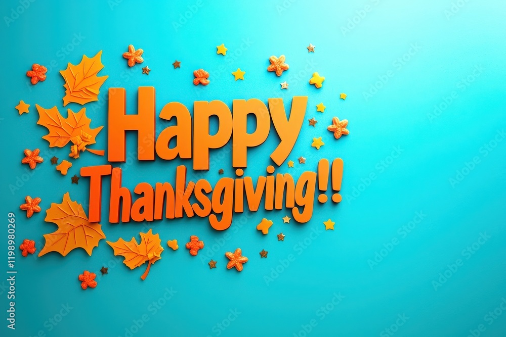 The bright turquoise background showcases an arrangement of colorful letters wishing a Happy Thanksgiving, decorated with autumn leaves and flower shapes, creating a festive atmosphere.