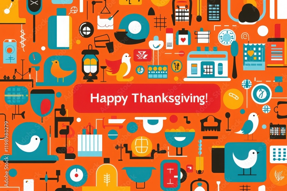 A vibrant illustration filled with Thanksgiving-themed icons and symbols.