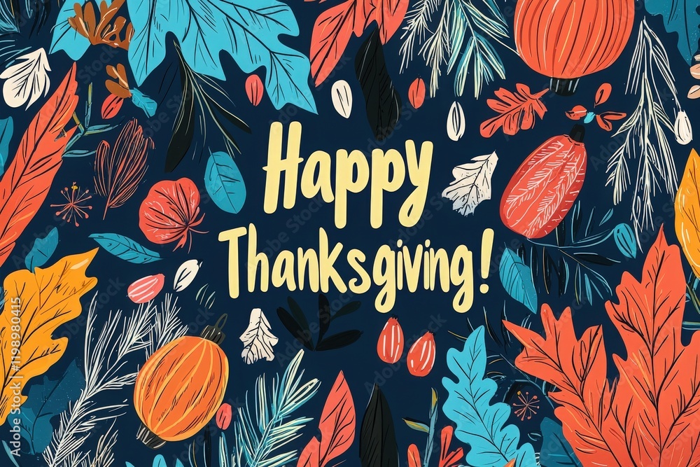 A vibrant Thanksgiving theme featuring autumn leaves, pumpkins, and nuts surrounds cheerful text wishing everyone a happy Thanksgiving. Ideal for holiday decorations and gatherings.