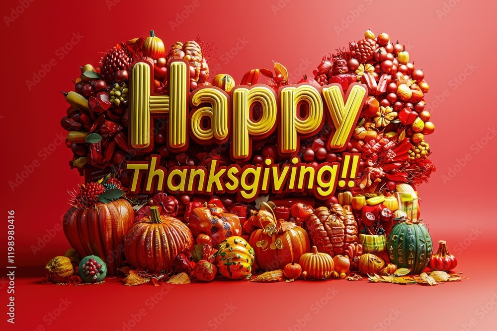 Brightly colored assortment of pumpkins, fruits, and vegetables arranged with a cheerful greeting celebrating Thanksgiving. The vibrant display captures the essence of the autumn harvest season.