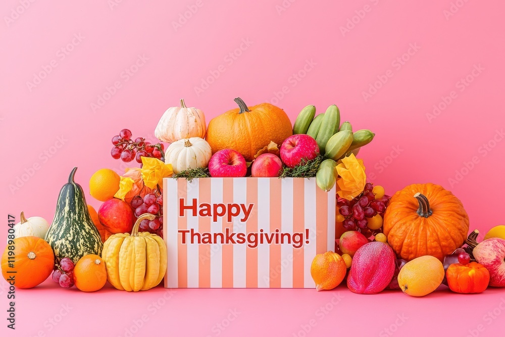 A festive arrangement showcases a variety of pumpkins and fruits, with a cheerful sign wishing happy Thanksgiving. The vibrant colors create a warm and inviting autumn atmosphere.