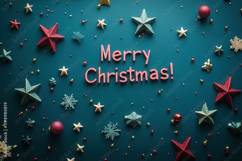 Colorful stars and ornaments are arranged on a vibrant blue backdrop, creating a festive atmosphere. The cheerful message Merry Christmas! stands out, embodying the spirit of the holiday season.