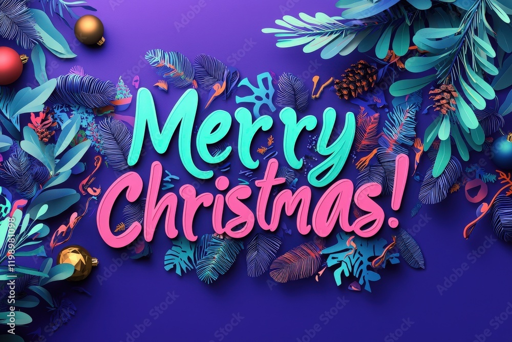 Bright and cheerful Merry Christmas message highlighted among colorful leaves and ornaments, creating a festive atmosphere perfect for celebration during the holiday season.