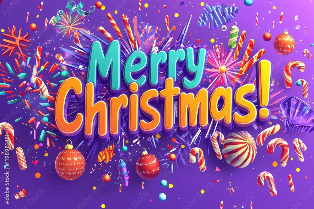 Bright and vibrant elements fill the background as colorful ornaments, candy canes, and fireworks create a cheerful atmosphere for Christmas festivities, conveying joy and celebration.