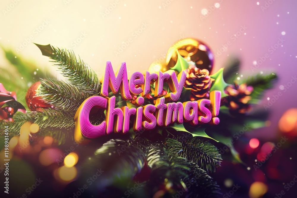 A vibrant holiday decoration displays the text Merry Christmas surrounded by pine branches and festive ornaments.
