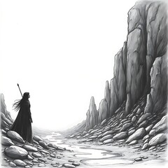 Lone Sentinel: Epic Journey This striking black and white illustration captures a sense of epic journey and solitude. The strong contrast and detailed textures make it ideal for book covers, fantasy