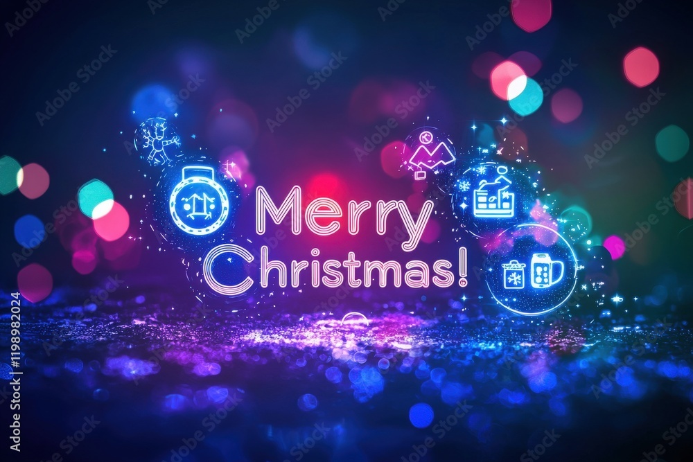 Bright festive greeting conveying a joyful Merry Christmas message surrounded by colorful lights and festive icons, creating a cheerful atmosphere for holiday celebrations.