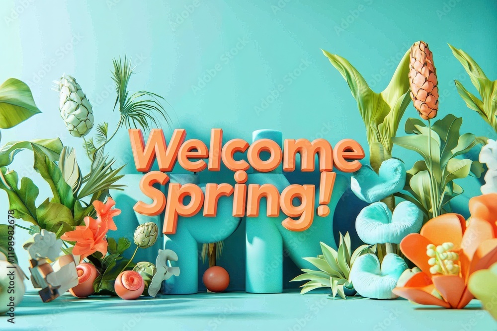 Bright decorations feature spring-themed plants and flowers, creating an inviting atmosphere that celebrates the arrival of the new season. The design emphasizes joy and vibrancy.