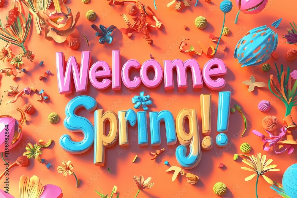Decorative elements celebrate the arrival of spring, featuring vibrant colors, flowers, and playful lettering promoting joy and the change of season.