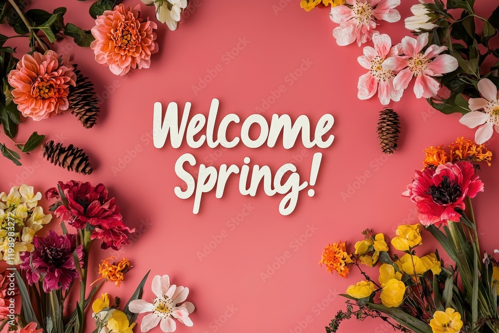 Colorful flowers surround a warm greeting of welcome spring on a soft pink backdrop. The arrangement features a variety of blooms, creating a joyful atmosphere perfect for springtime.