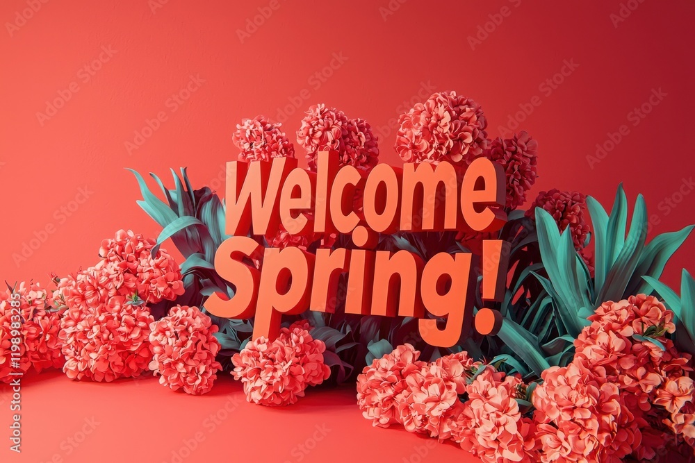 Colorful flowers bloom around a bold, welcoming message for spring. The bright red background enhances the joyful and lively vibe of the seasonal celebration.