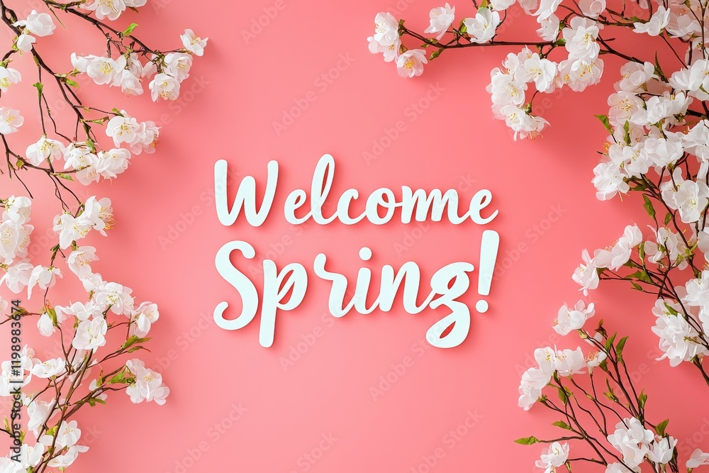 Bright pink background enhances cheerful white flowers framing the text welcoming spring. The scene captures the essence of the season with a fresh and inviting atmosphere.