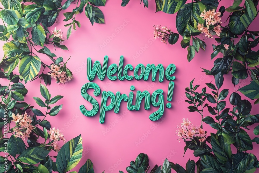 Colorful plants and flowers frame a cheerful greeting that welcomes spring. The bright pink background enhances the lively atmosphere, inviting a sense of renewal and joy during the season.