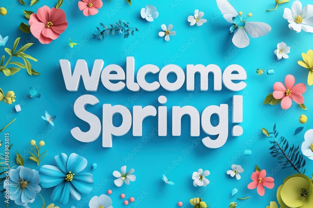 A cheerful display welcomes spring with assorted flowers in various shapes and colors arranged around bold text. The vibrant blue background enhances the lively atmosphere of springtime.