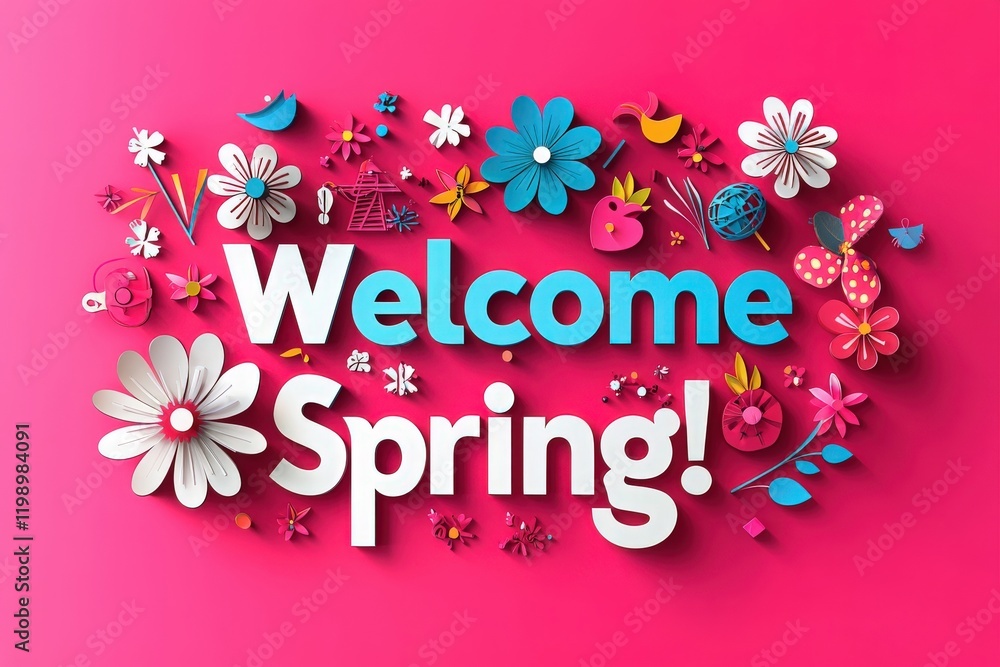 Bright, cheerful decorations welcome the spring season. Colorful flowers, birds, and fun shapes create a joyful atmosphere on a vibrant pink background, perfect for spring festivities.