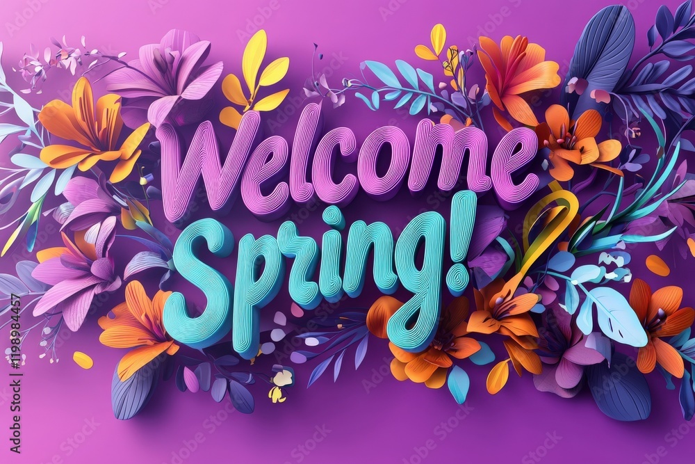 Bright flowers and leaves create a cheerful display, welcoming spring with vivid colors and playful lettering. The design features a mix of purple, orange, and green elements for a festive atmosphere.