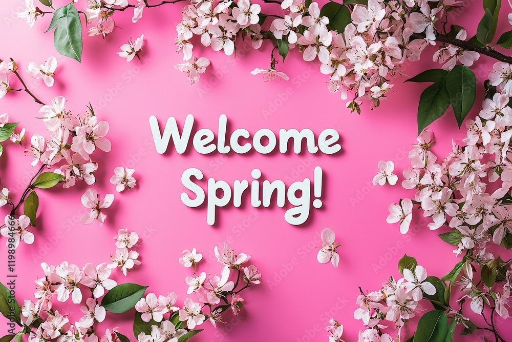 Delicate pink cherry blossoms are arranged around cheerful text that reads Welcome Spring! set against a bright pink backdrop. This visually pleasing composition celebrates the arrival of spring.