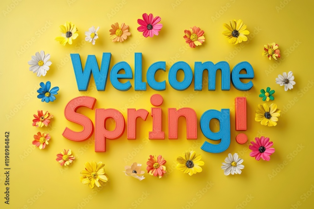 A cheerful display features the text Welcome Spring! in vibrant colors, framed by an array of colorful flowers on a sunny yellow background, celebrating the arrival of the season.