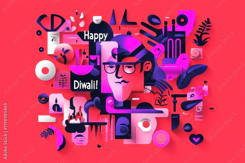 Colorful and artistic representation celebrating Diwali with various shapes and designs. The composition includes text wishing Happy Diwali and features playful, bold patterns emphasizing festivity.