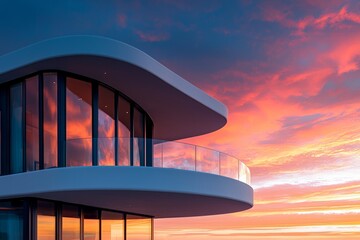 Wall Mural - A modern house overlooking the ocean at sunset, with large windows and a terrace, sleek design, contemporary architecture, and an urban setting. 