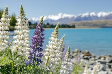 Wall Mural - Purple and white flowers near a body of water, serene and peaceful atmosphere