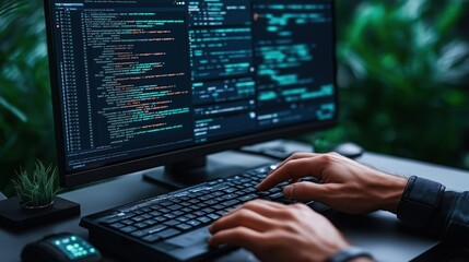 hands typing on a keyboard in a dimly lit workspace, with a computer screen displaying colorful line