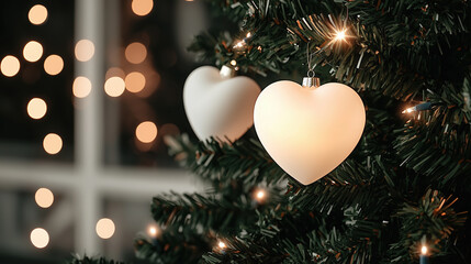 Wall Mural - white heart shaped ornaments on christmas tree branches with bokeh lights. holiday decoration and gr