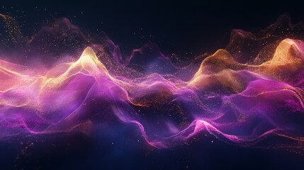 Abstract vibrant waves, purple and gold, dynamic energy, neon flow, dark background, digital art, modern design, wall decor