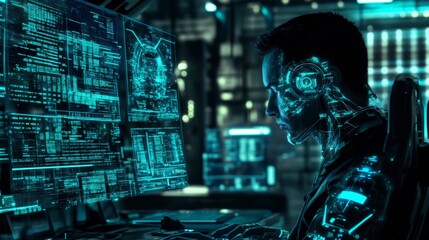 Cyberpunk Hacker Working on Futuristic Computer System