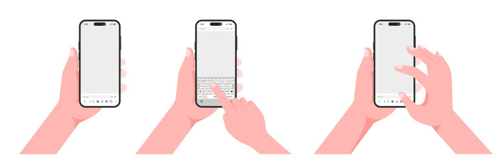 Smartphone Hand and Finger Mockup - Scrolling and Typing on Blank Screen with Keyboard in Mobile Browser. Vector.