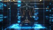 © Simon - Futuristic balance scales, glowing blue lights, high-tech scene, metallic justice symbol