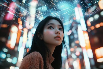 Wall Mural - A young Asian woman stands at the center of an abstract cityscape, surrounded by glowing digital screens and holographic images