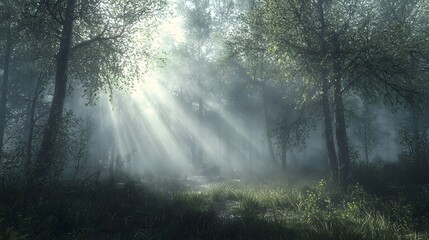 Aufkleber - A foggy morning in a forest, soft sunlight filtering through the trees, creating gentle streams of light