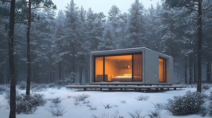 Aufkleber - A small minimalist cabin surrounded by snow-covered pine trees, warm light glowing from the windows