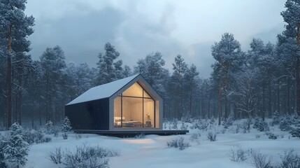 Aufkleber - A small minimalist cabin surrounded by snow-covered pine trees, warm light glowing from the windows