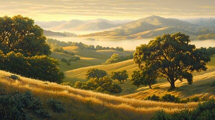 Leinwandbilder - A peaceful scene of rolling hills under a soft morning fog, illuminated by gentle golden light