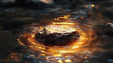 Poster - A solitary rock in the middle of a quiet stream, surrounded by gentle ripples and glowing light