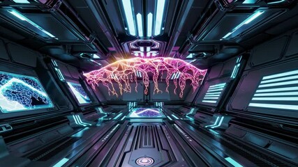 Fototapete - Futuristic digital art installation with neon visuals and high-tech environment
