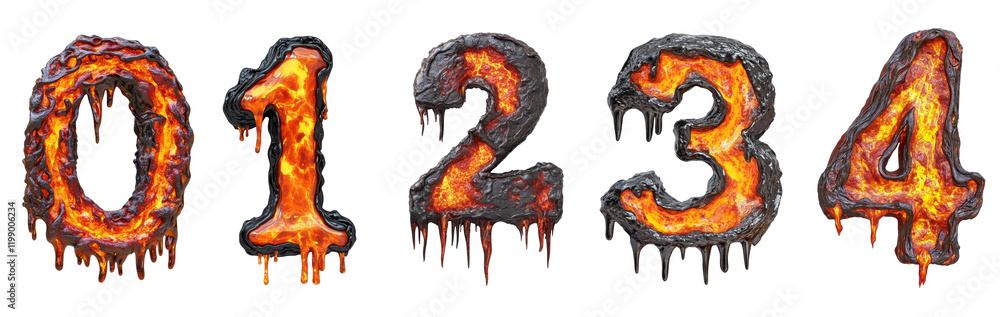 numbers 01234 made of magma lava isolated on transparent background ...