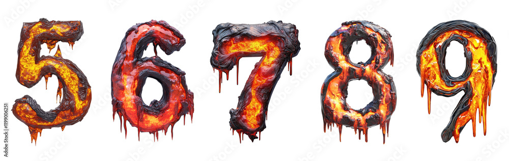 numbers 56789 made of magma lava isolated on transparent background ...