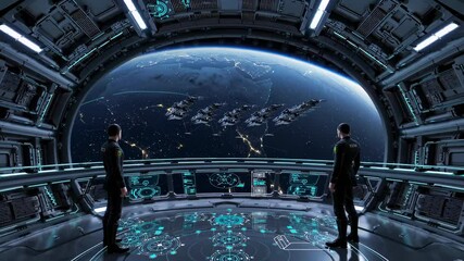 Leinwandbilder - Exploring the wonders of space as two astronauts observe Earth from a futuristic spacecraft bridge