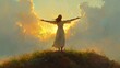 © cynz - A woman standing on a hilltop with her arms outstretched, embracing the gentle breeze and sunlight