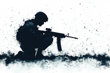 A silhouette of a soldier kneeling down with a rifle, suitable for military or patriotic themes