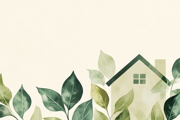 Wall Mural - Green leaves create a gentle pattern combined with a discreet house icon against a light beige backdrop, offering ample negative space for text. The design feels fresh and natural