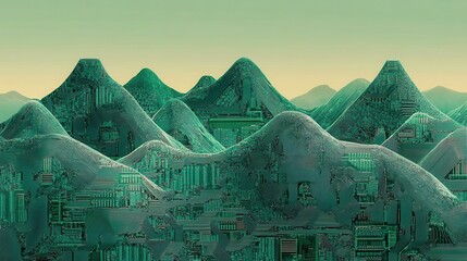 Wall Mural - a digital landscape featuring circuit board mountains. digital landscape. illustration