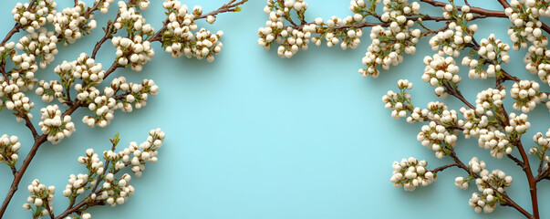 Spring blossoms frame, pastel blue, blank