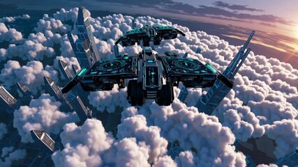Poster - Futuristic aircraft soaring through cloud-covered city skyline at sunset